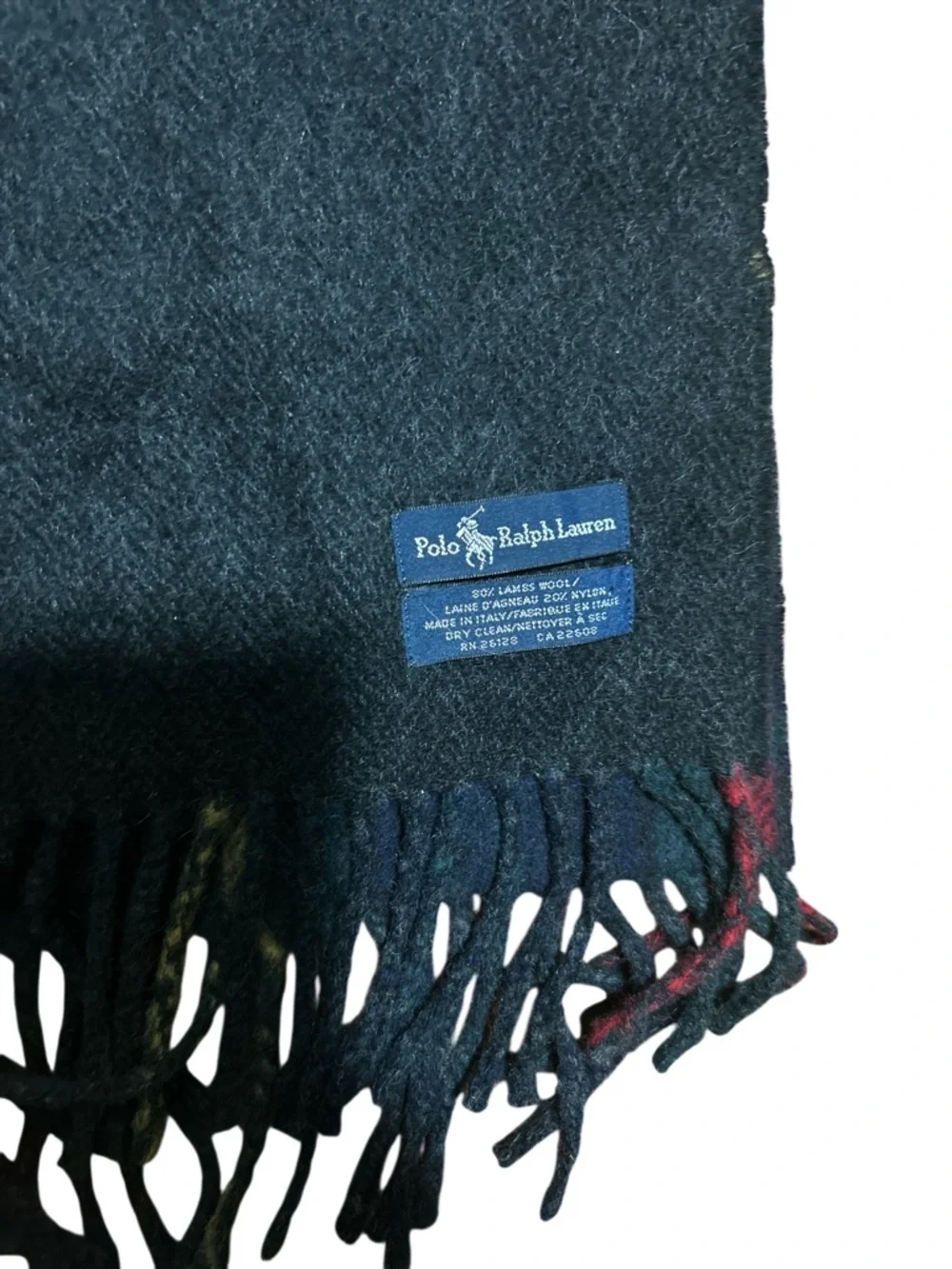 Polo Ralph Lauren Reversible Lambswool Blend Plaid Scarf Green Grey Fringe